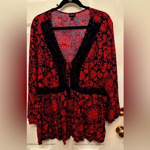 Torrid Red and Navy Blue Floral Blouse